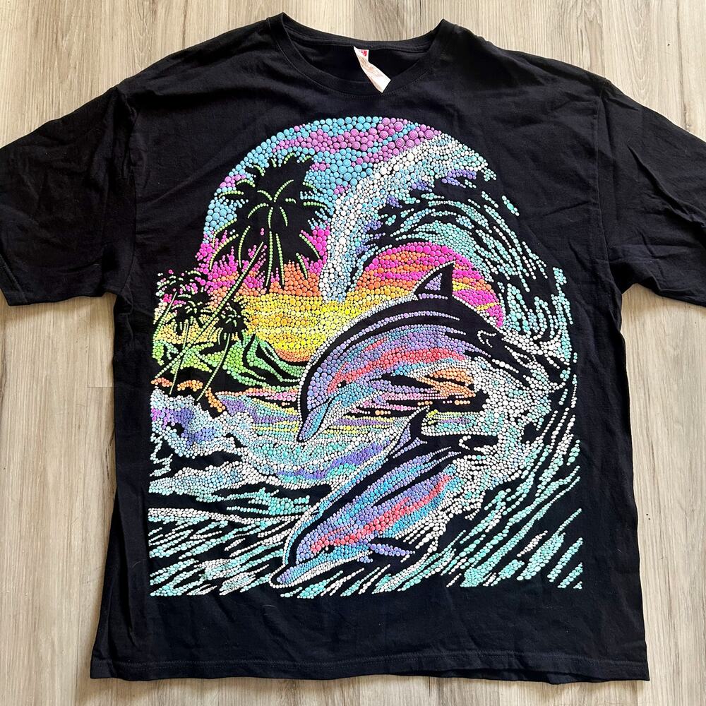 Vintage Dolphin Couple Puffed Paint Swirl Spot Art Black T-shirt Men’s Sz Medium